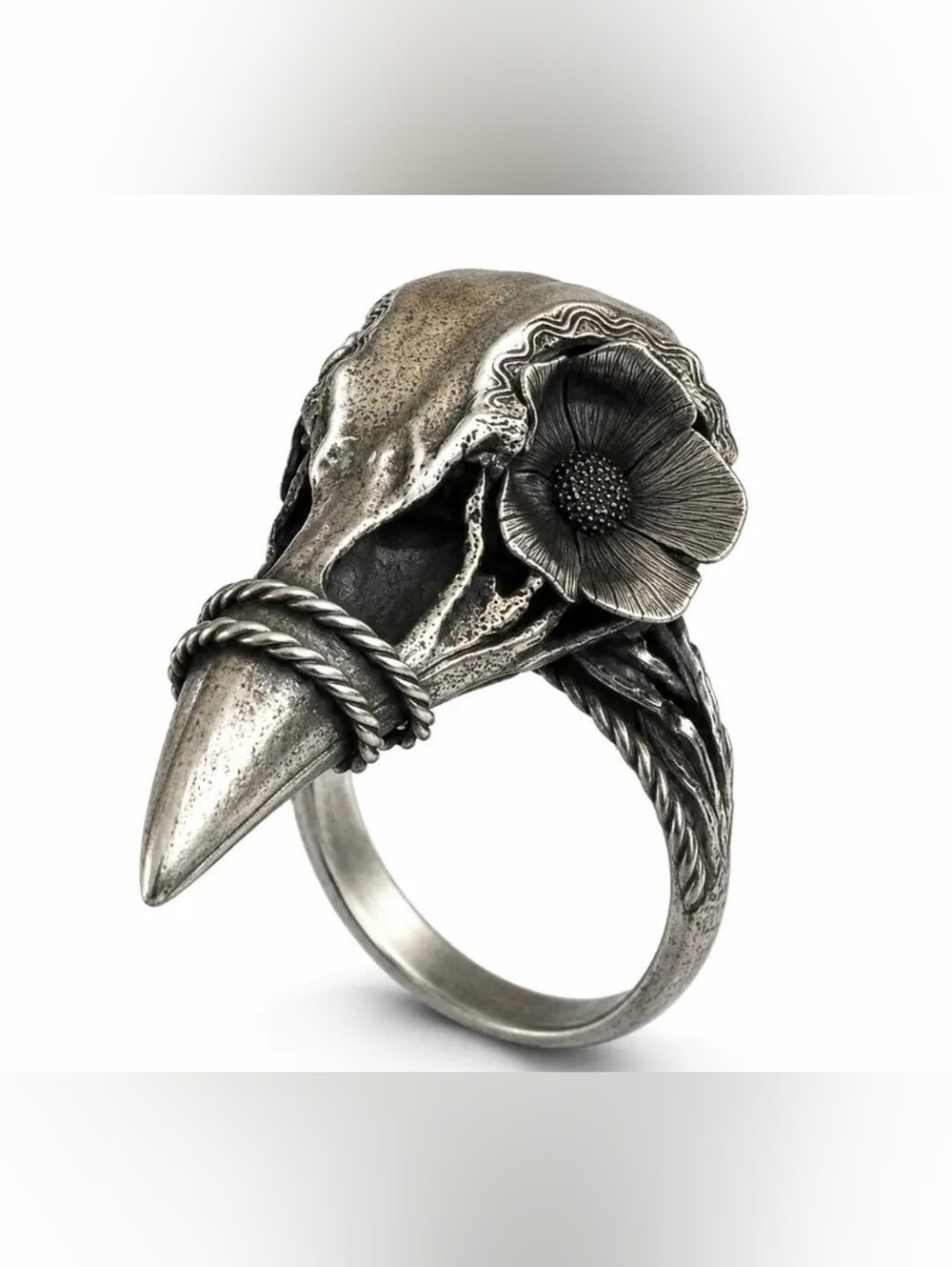 Raven Skull Ring with Flower Accent